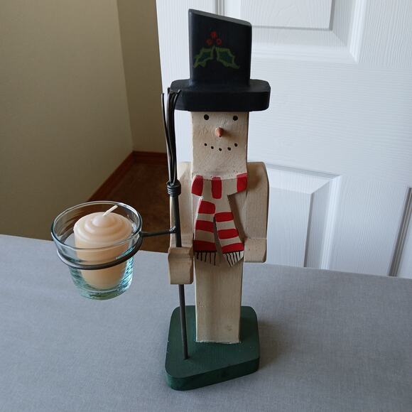 Handmade Vintage Wooden Snowman candle holder 13" tall made in Mexico votive - Picture 6 of 16